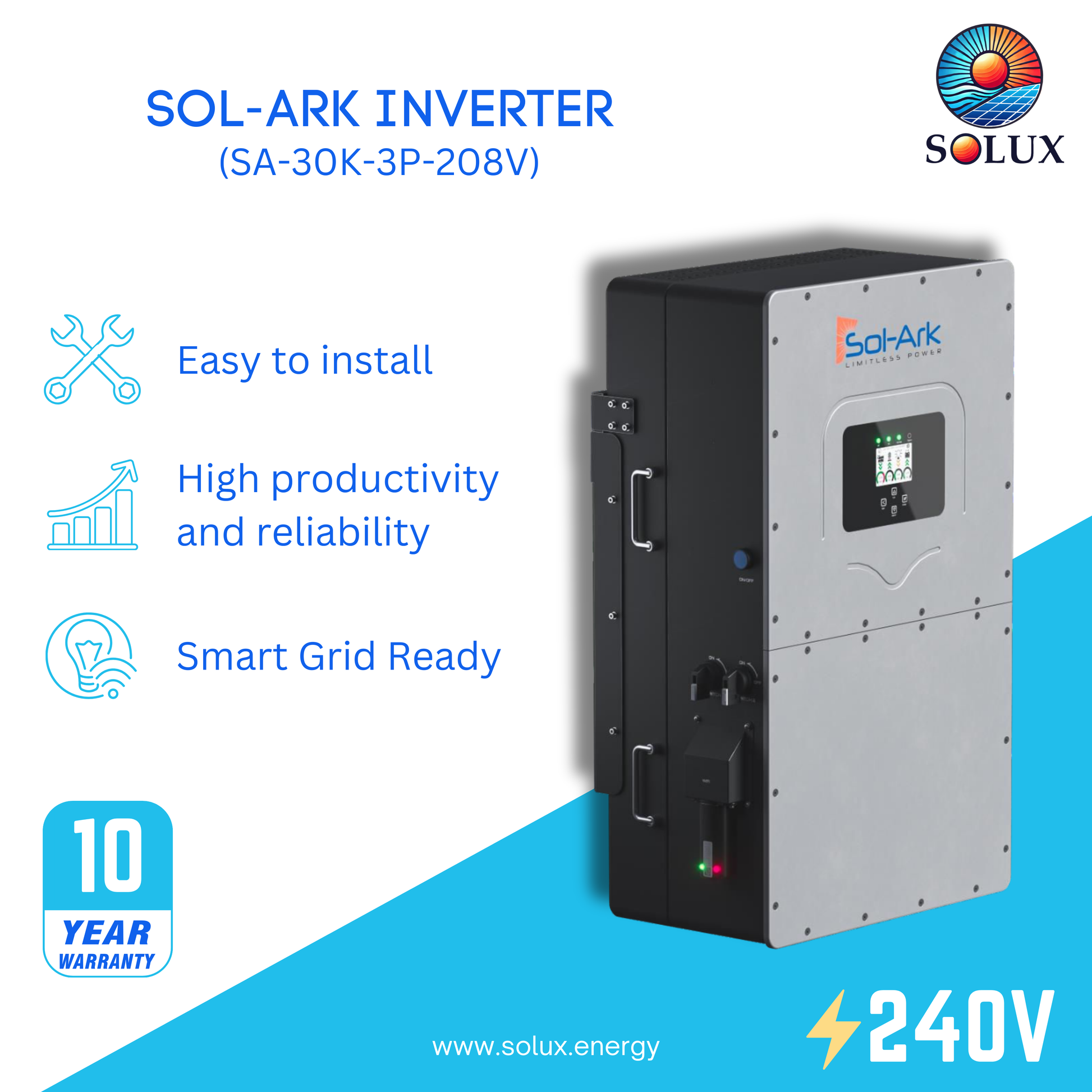 The sol-ark 30k three phase inverter is ideal for commercial and industrial applications, offering high power output and advanced grid support features.