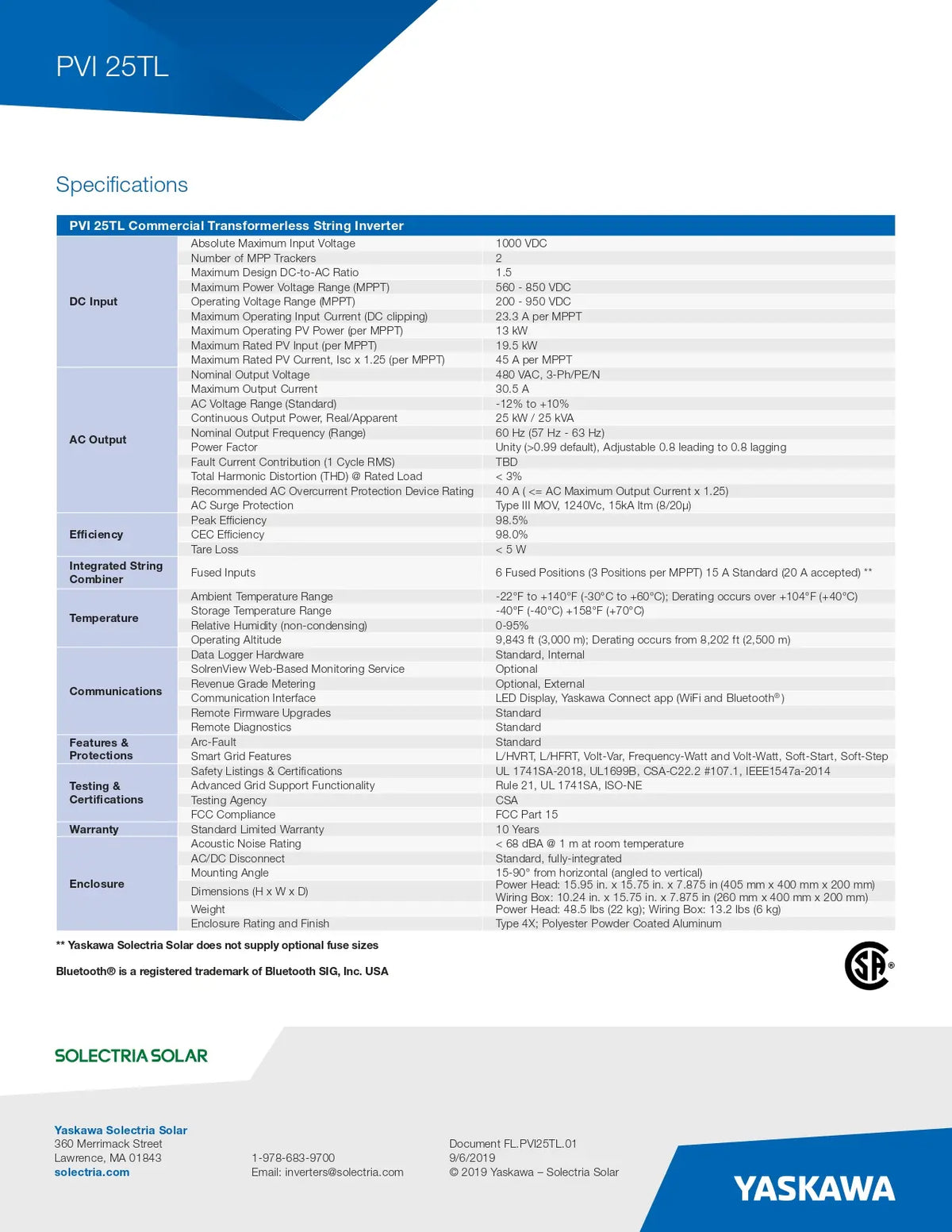 A specifications sheet for the Yaskawa PVI 25TSL Conveyed Force Transmitter, showing technical details, performance metrics, and features in a table format on a white background with blue header and footer banners.