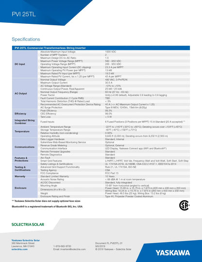 A specifications sheet for the Yaskawa PVI 25TSL Conveyed Force Transmitter, showing technical details, performance metrics, and features in a table format on a white background with blue header and footer banners.