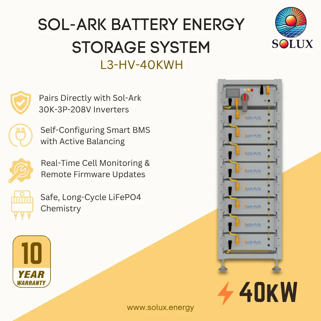 SOL-ARK Battery Energy Storage System L3-HV-40KWH by Solux, featuring a tall gray battery rack with multiple stacked cells and accessories listed on a white and yellow graphic background.