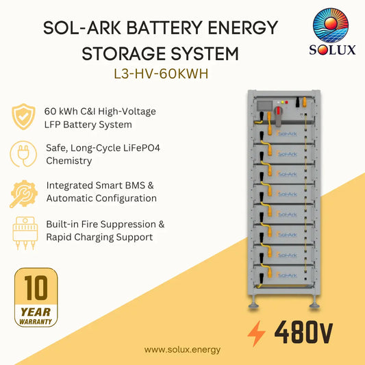 SOL-ARK Battery Energy Storage System L3-HV-60KWH by Solux, featuring a tall gray battery rack with multiple stacked cells and yellow connectors, set against a split white and beige background with feature icons and text.