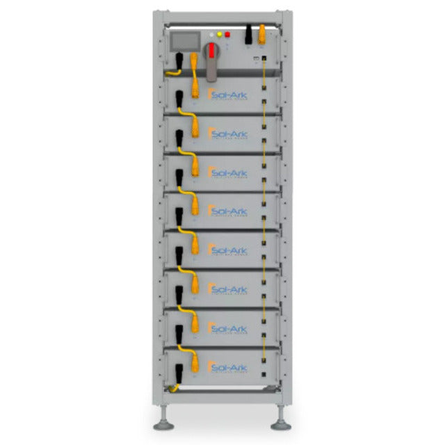 A tall industrial battery storage rack with multiple stacked battery modules, featuring a gray metal chassis, yellow and black cables, and visible 'Sok-Ark' branding on each module, set against a plain white background.