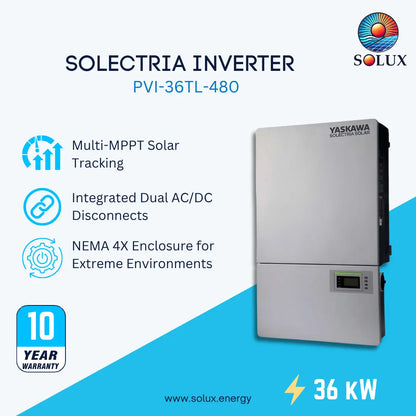 Solux Solectria Inverter PVI-36TL-480 shown on a blue and white promotional graphic. The inverter is a tall rectangular silver-gray unit with a small digital display on the lower right.