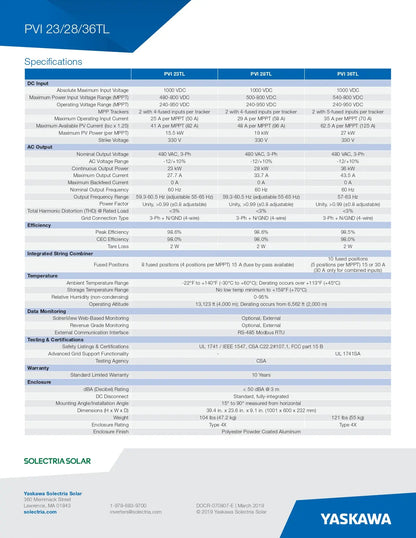 A technical specification sheet for Yaskawa PV2 23/28/36T solar inverters, featuring a detailed table of performance metrics, ratings, and technical data on a white background with blue header and footer branding.