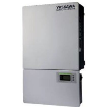 Yaskawa Solaris solar inverter unit with a white front panel and black side housing, featuring a small digital display on the lower section.