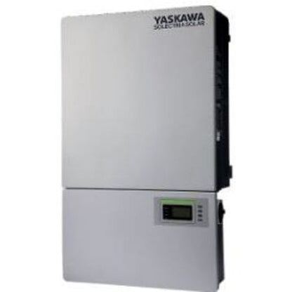 Yaskawa Solaris solar inverter unit with a white front panel and black side housing, featuring a small digital display on the lower section.