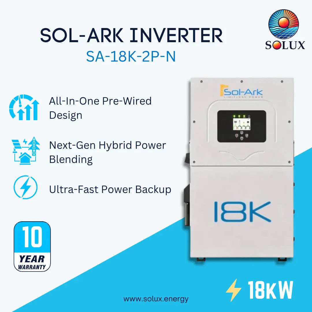 SOL-ARK Inverter SA-18K-2P by Solux, a 36kW all-in-one pre-wired hybrid power unit. The product is white with blue accents and a digital display screen on the front.