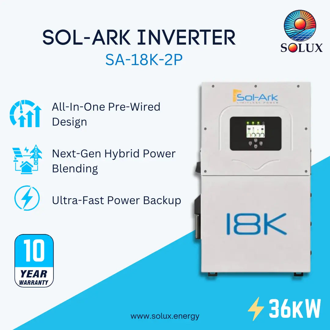 SOL-ARK Inverter SA-18K-2P by Solux, a 36kW all-in-one pre-wired hybrid power unit. The product is white with blue accents and a digital display screen on the front.
