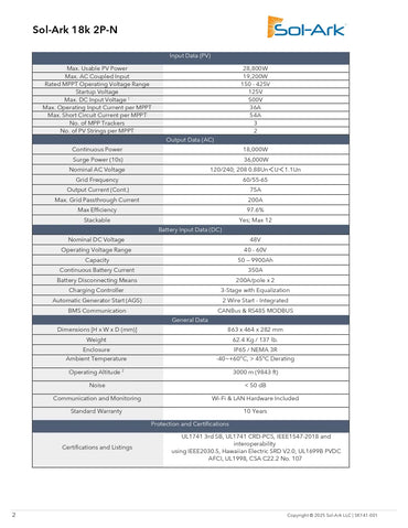 A technical specification and certification table for the Sol-Ark 18K 2K-N solar inverter, featuring input/output power ratings, dimensions, environmental ratings, and compliance certifications.