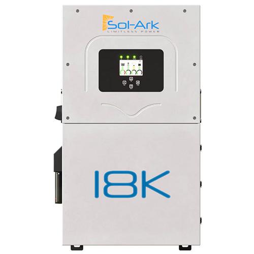 A Sol-Ark 18K limitless power inverter unit with a white metal casing, a black front control panel, and blue '18K' text on the lower section.