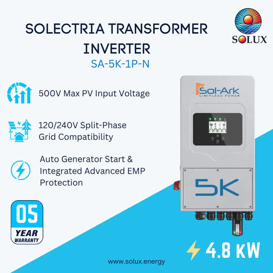 Promotional graphic for a Solectria Transformer Inverter model SA-5K-1P-N, showing the Solux / SolArk 5kW inverter unit on a blue and white background with feature callouts and a 5-year warranty badge.