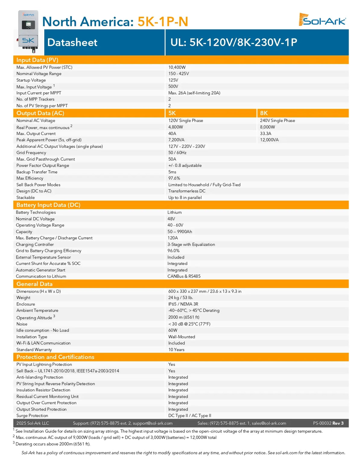 A technical datasheet page for the SoliArk North America 5K-1P-N inverter, showing specifications, electrical data, battery input data, and performance curves in a structured table format.