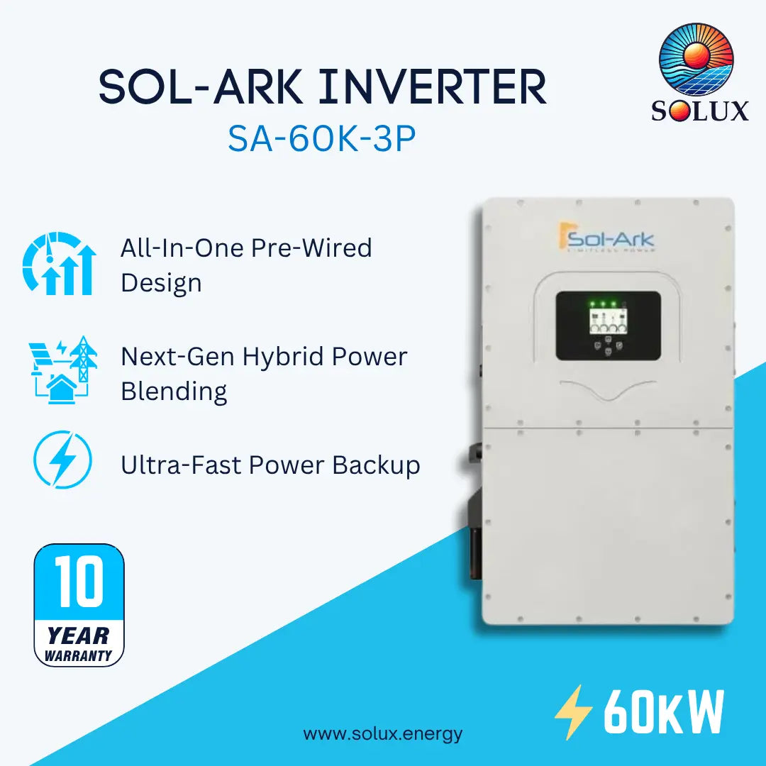 SOL-ARK INVERTER SA-60K-3P by Solux, a 60kW all-in-one pre-wired hybrid inverter unit, shown on a blue and white promotional background with feature icons and a 10-year warranty badge.