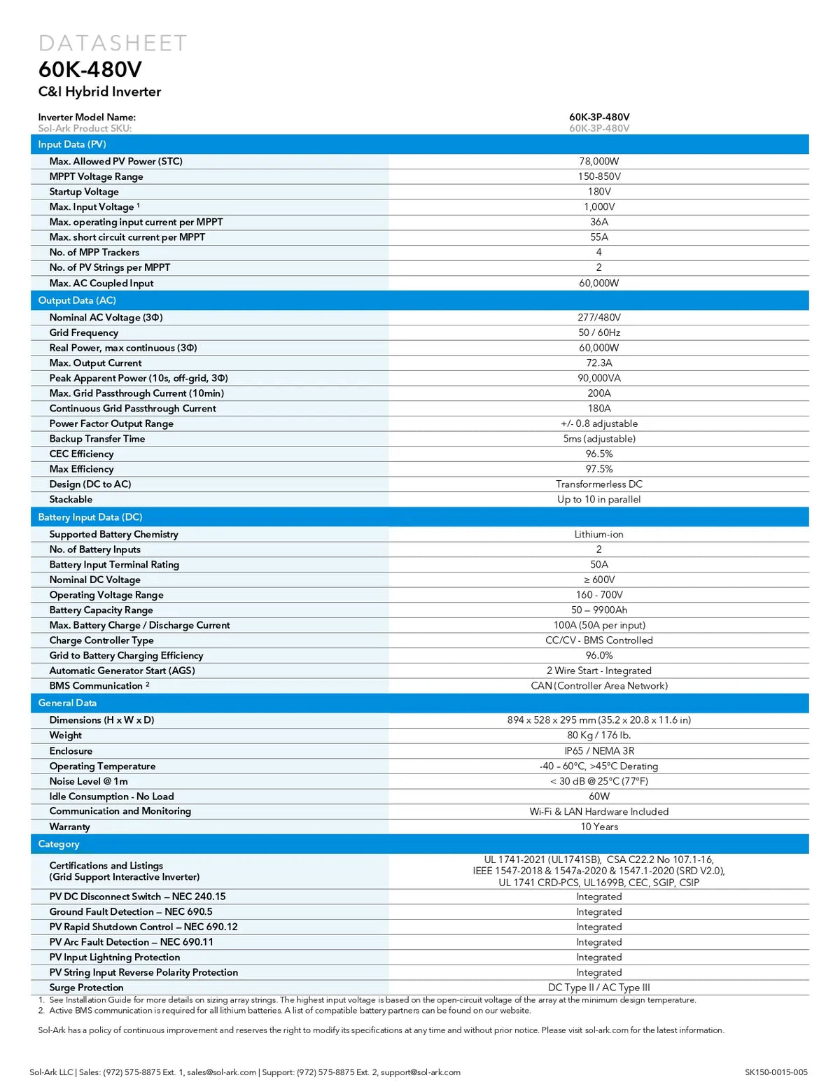 A technical specification sheet for the CSi 60K-480V Hybrid Inverter, showing a detailed table of technical parameters, ratings, and certifications on a white background with blue headers.
