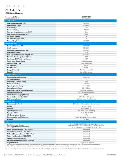 A technical specification sheet for the CSi 60K-480V Hybrid Inverter, showing a detailed table of technical parameters, ratings, and certifications on a white background with blue headers.