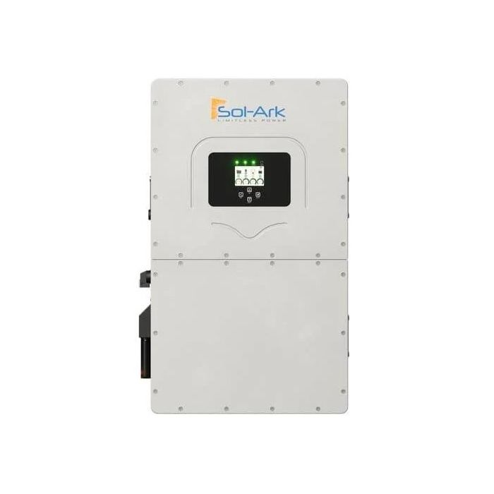A Sol-Ark modular solar power system inverter unit, featuring a light gray metal casing with pre-drilled screw holes, a central black display screen, and the Sol-Ark logo printed in blue and orange at the top.