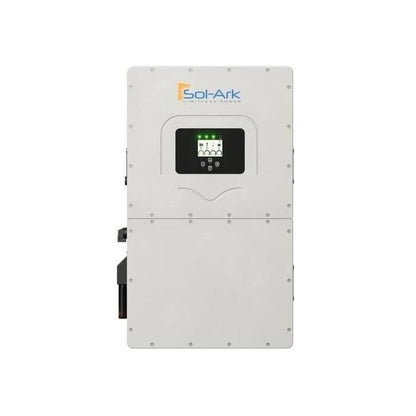 A Sol-Ark modular solar power system inverter unit, featuring a light gray metal casing with pre-drilled screw holes, a central black display screen, and the Sol-Ark logo printed in blue and orange at the top.