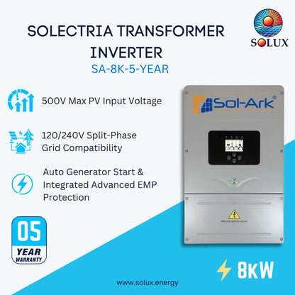 Solux Sol-Ark Solectria Transformer Inverter SA-8K-5-Year model shown on a light blue and white promotional graphic with feature callouts, a 05-year warranty badge, and an 8kW rating.