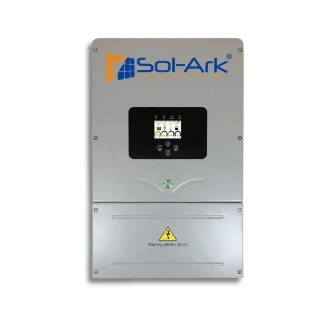 A Sol-Ark solar inverter panel with a metallic silver-gray casing, a central black display screen, and the Sol-Ark brand logo in blue and orange at the top.