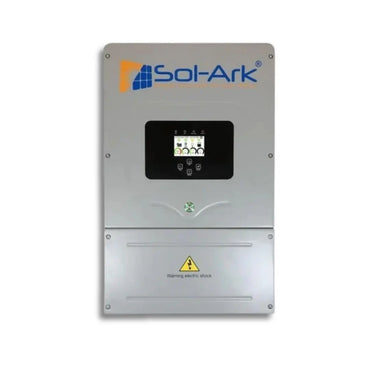 A Sol-Ark solar inverter panel with a metallic silver-gray casing, a central black display screen, and the Sol-Ark brand logo in blue and orange at the top.