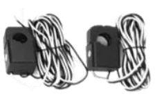 Two black electrical current sensors with attached coiled wires, shown against a plain white background.