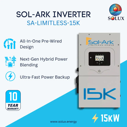 SOL-ARK Inverter SA-LIMITLESS-15K by Solux, a 15kW all-in-one pre-wired hybrid power unit. The product is a light gray rectangular box with a digital display screen on the upper section and a large blue '15K' logo on the lower section.