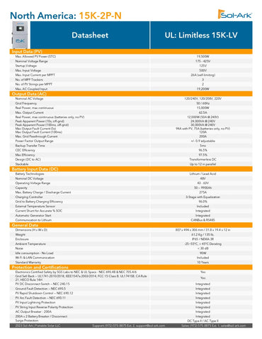 A technical datasheet page for the SolArk North America 15K-2P-N UL: Limitless 15K-LV product, featuring a white table with blue and orange headers and rows detailing specifications, ratings, and technical data.