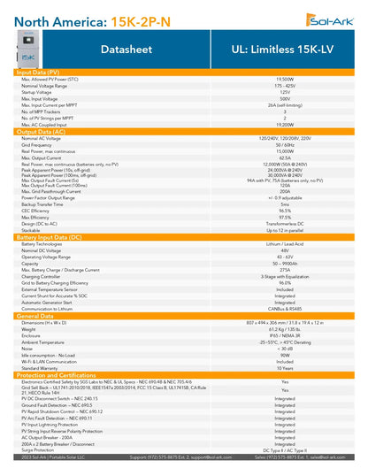 A technical datasheet page for the SolArk North America 15K-2P-N UL: Limitless 15K-LV product, featuring a white table with blue and orange headers and rows detailing specifications, ratings, and technical data.