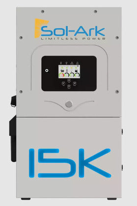 A Sol-Ark 15Kk portable power station with a light gray metallic body, a central black control panel with a color display, and blue '15K' text on the lower front.