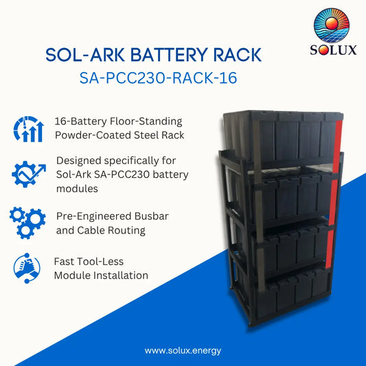 A promotional product graphic for the Sol-ark Battery Rack SA-PCC230-RACK-16, showing a black powder-coated steel rack with multiple shelves and a red side accent. The image includes marketing text and icons on a white and blue background, with the Solux logo in the top right.