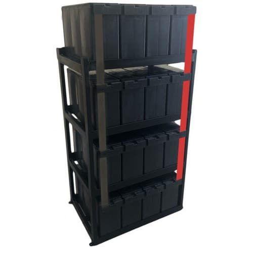 A black plastic four-tier storage rack holding four matching black bins, with a red vertical stripe detail on the right side, shown against a plain white background.