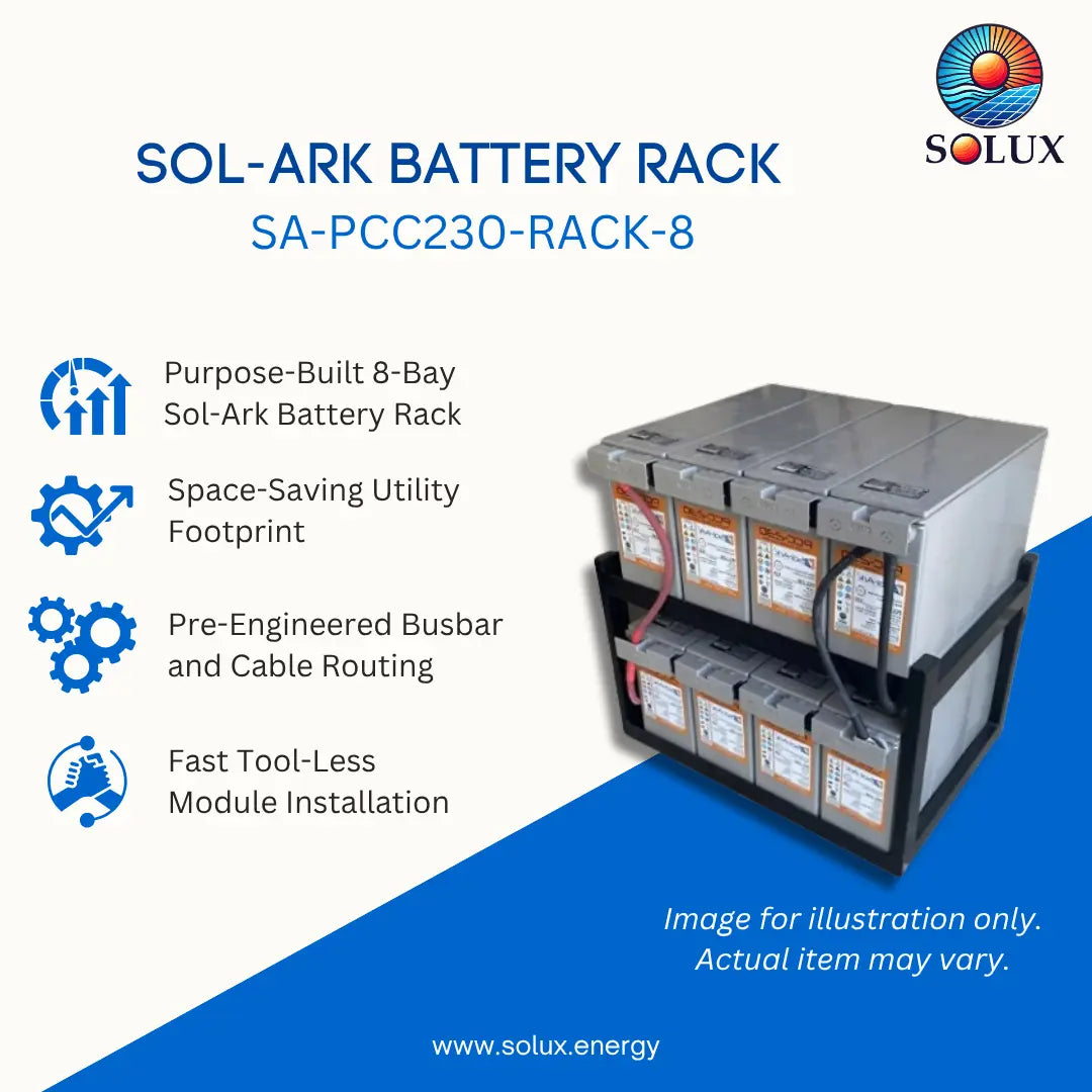Promotional graphic for the Solux Sol-Ark Battery Rack SA-PCC230-RACK-8, showing an 8-bay battery rack with multiple lead-acid batteries on a black frame. The graphic includes feature callouts and the Solux logo on a split white and blue background.