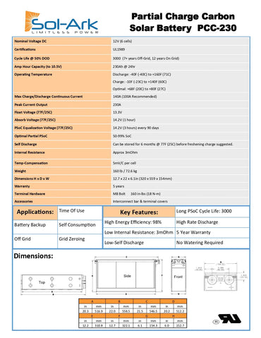 A technical specification and dimension chart for the Sol-arK Partial Charge Carbon Solar Battery PCC-230. The chart features a table with technical parameters on the top half and physical dimensions with a top-down schematic on the bottom half, set against a white background with a blue and orange Sol-arK logo.
