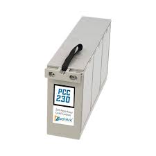 A silver-gray rectangular industrial battery with a black handle on top and a front  showing 'PCC 230'.