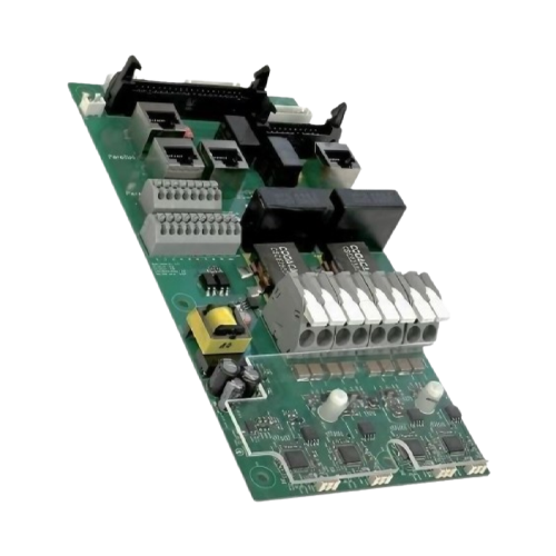 A green industrial electronic circuit board with various black, gray, and white electronic components, connectors, and a yellow transformer, shown on a plain white background.