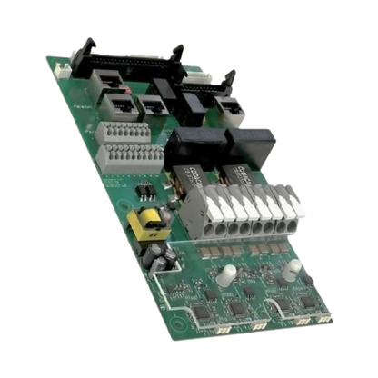 A green industrial electronic circuit board with various black, gray, and white electronic components, connectors, and a yellow transformer, shown on a plain white background.