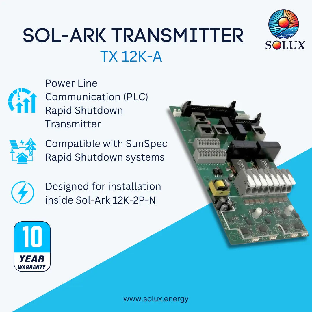 SOL-ARK TRANSMITTER TX 12K-A electronic module by Solux, shown on a light blue and cyan graphic background with product features and a 10-year warranty badge.