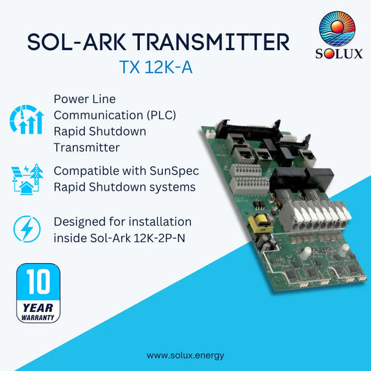 SOL-ARK TRANSMITTER TX 12K-A electronic module by Solux, shown on a light blue and cyan graphic background with product features and a 10-year warranty badge.
