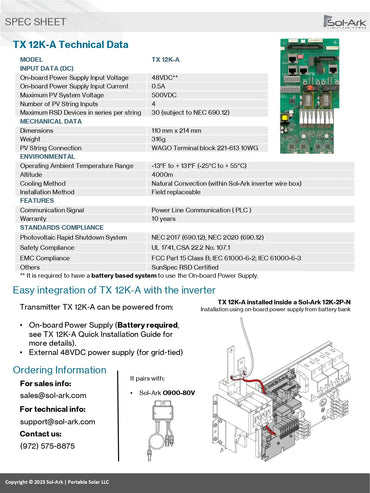 A technical specification sheet and datasheet for the SolArk TX-12K-A inverter, featuring a green PCB diagram, a 3D product rendering, and exploded assembly views with text detailing technical specifications and integration instructions.