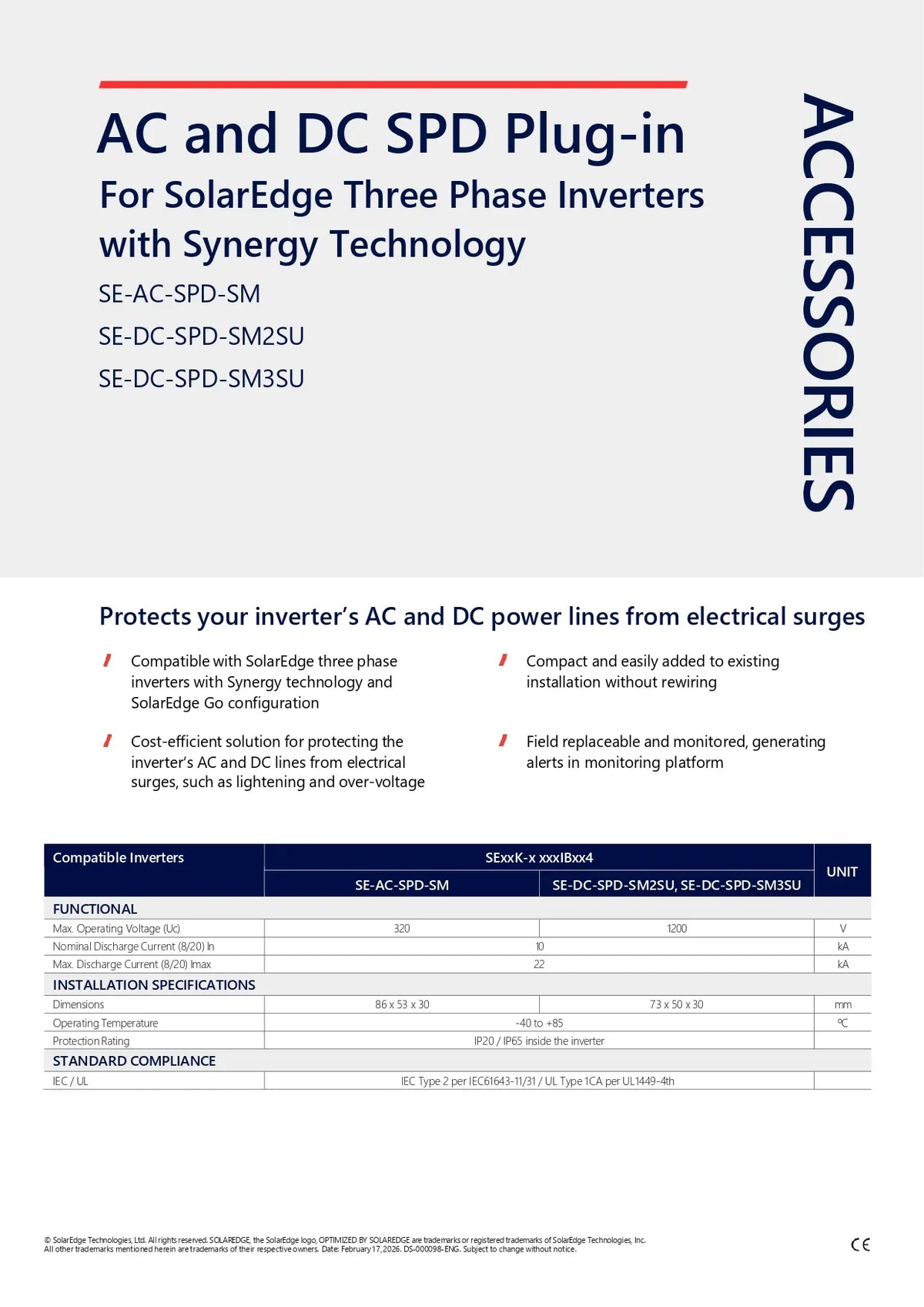 A product accessory sheet for 'AC and DC SPD Plug-in' by Synergy Technology, designed for SolarEdge three phase inverters. The sheet features product specifications, compatibility tables, and a list of included models under the 'ACCESSORIES' header, presented on a white background with blue and red text.