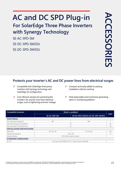 A product accessory sheet for 'AC and DC SPD Plug-in' by Synergy Technology, designed for SolarEdge three phase inverters. The sheet features product specifications, compatibility tables, and a list of included models under the 'ACCESSORIES' header, presented on a white background with blue and red text.