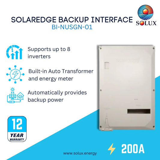 Solux Solaredge Backup Interface BI-NUSGN-01 electrical panel shown on a white and blue promotional graphic with feature callouts including support for up to 8 inverters, built-in auto transformer and energy meter, automatic backup power, 12-year warranty, and 200A rating.