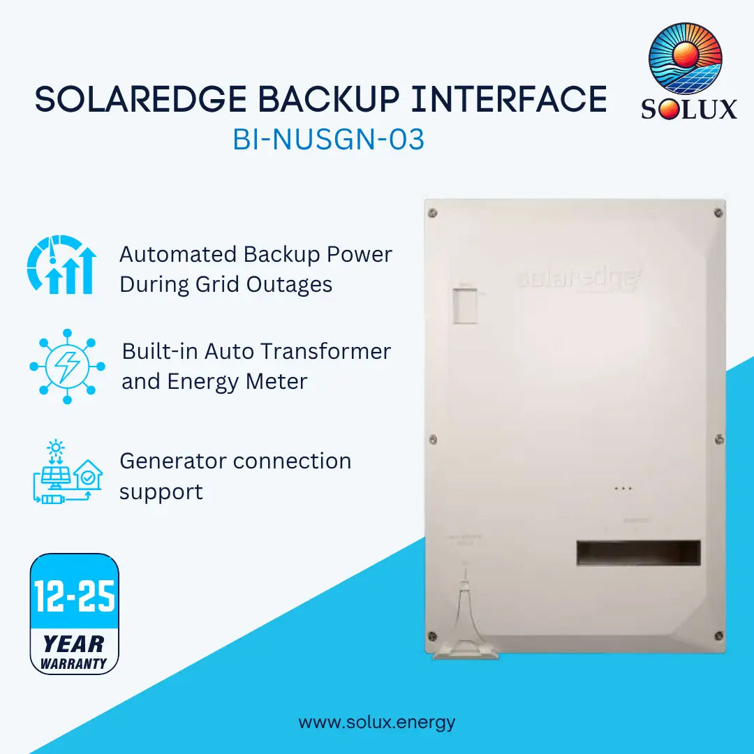 This is a product graphic for the SolarEdge backup interface with key features 