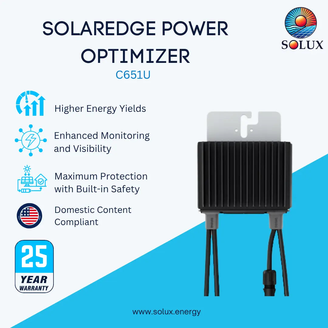 A promotional product graphic for the Solaredge Power Optimizer C651U by Solux. The image features a black ribbed solar power optimizer device on the right, with text and feature icons on the left highlighting benefits like higher energy yields, enhanced monitoring, built-in safety, and domestic content compliance.