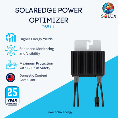 A promotional product graphic for the Solaredge Power Optimizer C651U by Solux. The image features a black ribbed solar power optimizer device on the right, with text and feature icons on the left highlighting benefits like higher energy yields, enhanced monitoring, built-in safety, and domestic content compliance.