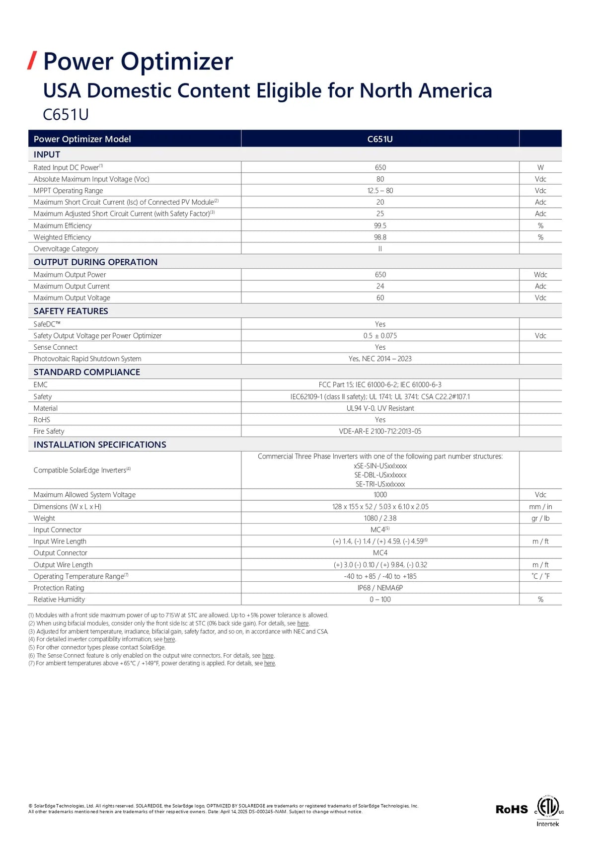 A technical specification and compliance document page for the Power Optimizer USA Domestic Content Eligible for North America C651U, containing tables with product model, C651U, input/output specs, safety features, installation specifications, and a RoHS logo.