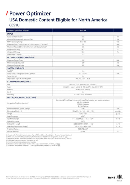 A technical specification and compliance document page for the Power Optimizer USA Domestic Content Eligible for North America C651U, containing tables with product model, C651U, input/output specs, safety features, installation specifications, and a RoHS logo.