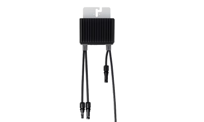 A black rectangular electronic module with a ribbed metal body, a silver mounting tab on top, and two black cables with connectors hanging below, shown on a plain white background.