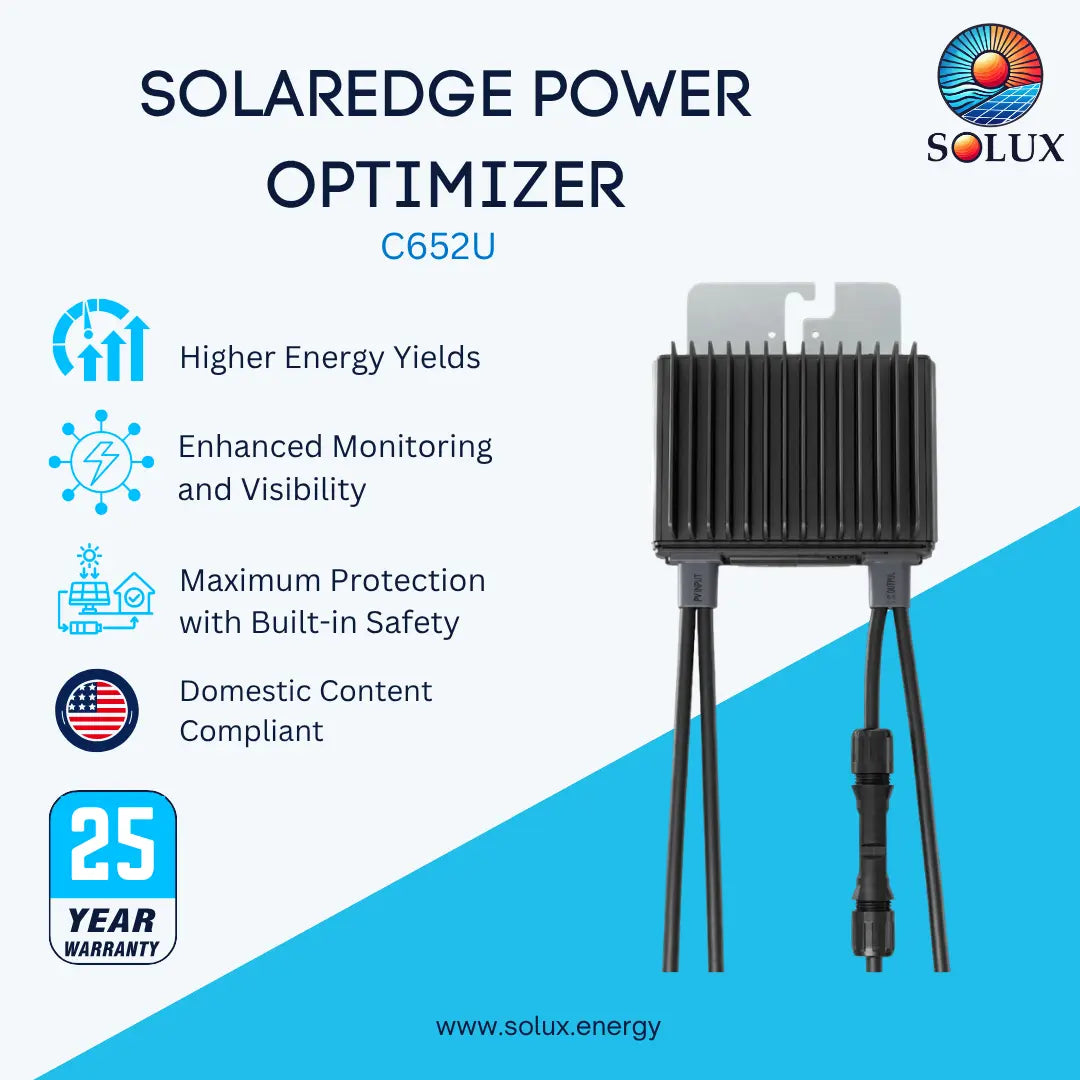 Solaredge Power Optimizer C652U  featuring a black heat sink with a gray top cover and three black leads, set against a light blue and white background with product features and a 25-year warranty badge.