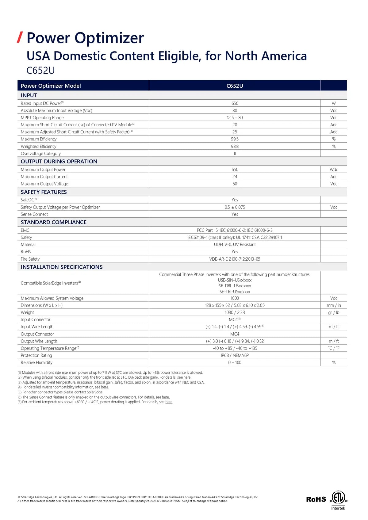 A technical specification sheet for the Power Optimizer USA Domestic Content Eligible, model C652U, showing a table with rows for input, output during operation, safety features, standard compliance, and installation specifications.